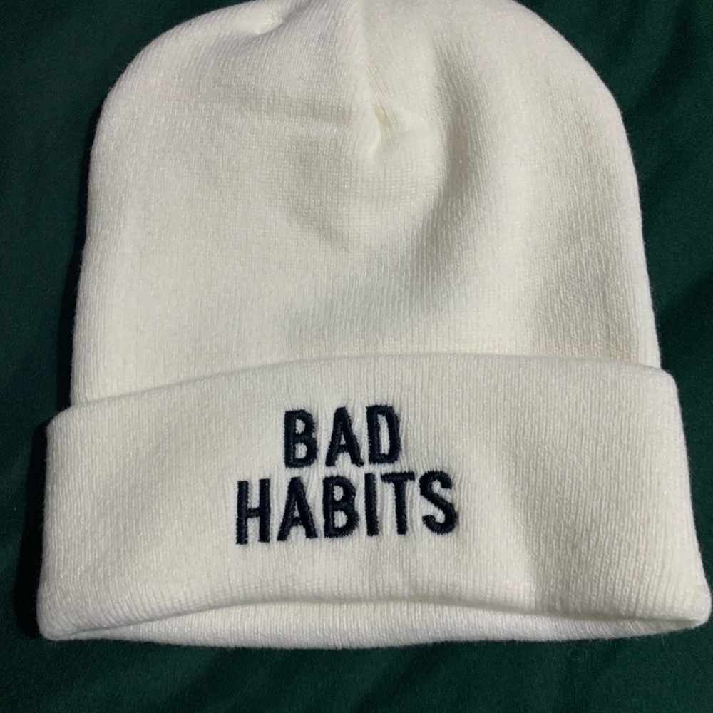 White Beanie with 'Bad Habits' Embroidery Bad Habits